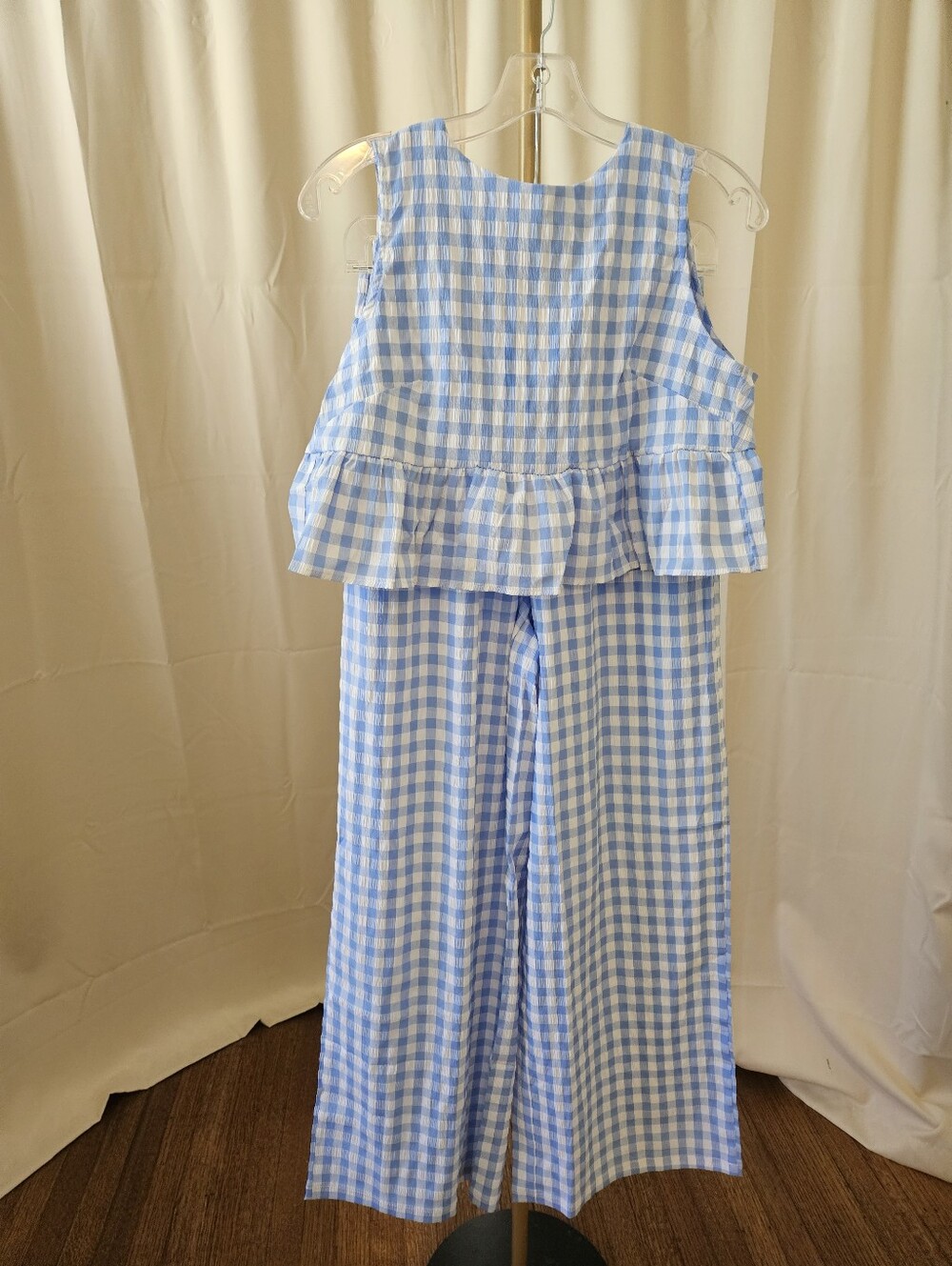 Blue & White Gingham 2-Piece Set | Open Back Top & Wide Leg Pants - Picture 2 of 5